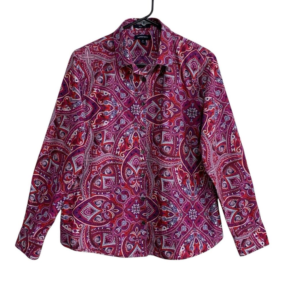 Lands’ End Blouse Top Womens Size 12 Red & Purple Paisley No Iron Long Sleeve